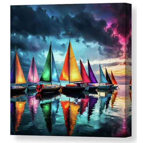 Digital artwork canvas print of vividly colored sailboats that are anchored on a calm, reflective body of water