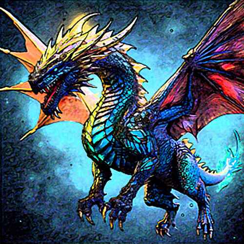 Digital artwork of a mythical dragon, depicted with vibrant scales and large, membranous wings