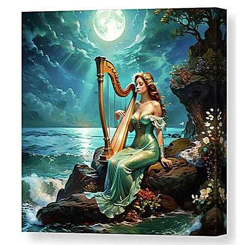 Digital artwork canvas print of a serene scene under a luminous full moon features a mermaid in an elegant green gown playing a harp
