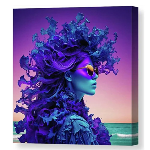 Digital artwork canvas print of a woman wearing sunglasses that is staring out over the ocean with a purple haze
