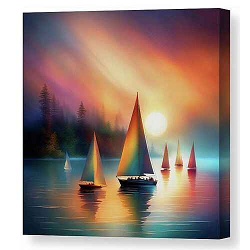 Digital artwork canvas print of sailboats gliding peacefully on a calm lake under a colorful sky during sunset.