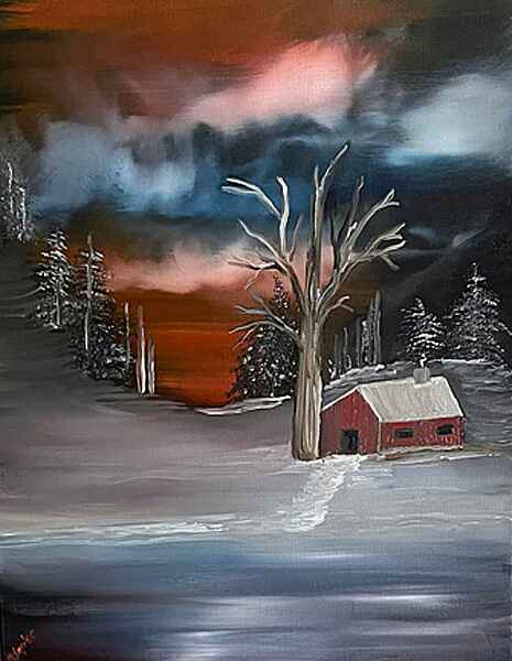 An oil painting of a solitary country barn with a red exterior stands amidst a snowy landscape with an ice-covered pond in the foreground, accompanied by a bare tree. 