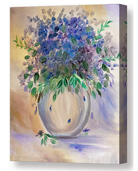 An oil painting canvas print of a large bouquet of blue and purple violet flowers with green leaves fills a rounded vase.