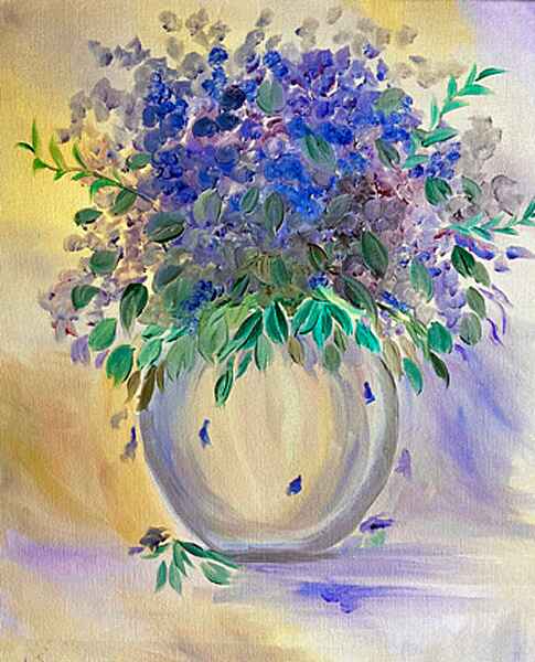 An oil painting of a large bouquet of blue and purple violet flowers with green leaves fills a rounded vase.