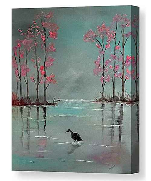 An oil painting canvas print of a serene landscape features cherry blossom trees with pink foliage lining both sides of a calm body of water. 