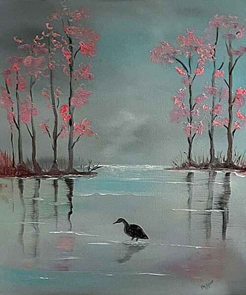An oil painting of a serene landscape features cherry blossom trees with pink foliage lining both sides of a calm body of water. 