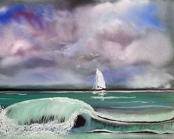 An oil painting of a serene seascape shows tumultuous waves crashing in the foreground while a sailboat glides peacefully in the distance under a cloudy sky.