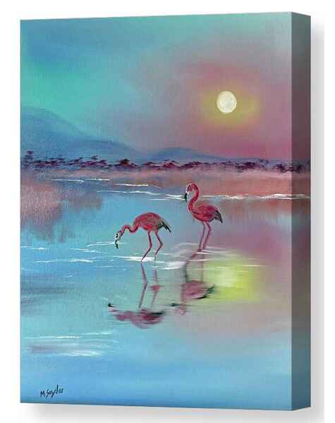 An oil painting canvas print of two flamingos standing gracefully in shallow water, their reflections mirrored on the surface.