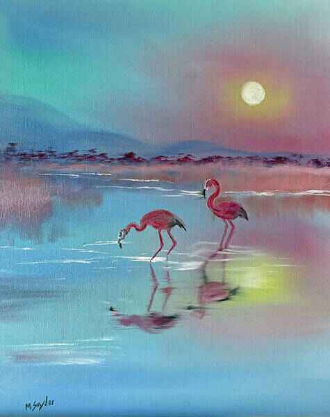 An oil painting of two flamingos standing gracefully in shallow water, their reflections mirrored on the surface.