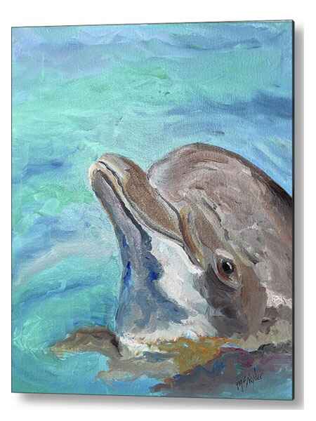 An oil painting metal print of a dolphin emerging from a vibrant blue-green ocean, showcasing its sleek, curved head.