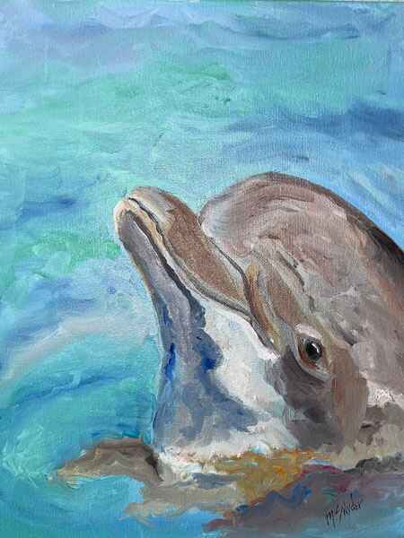 An oil painting of a dolphin emerging from a vibrant blue-green ocean, showcasing its sleek, curved head.