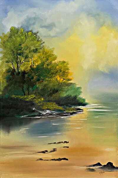 An oil painting of lush green trees bordering a serene secret lake, with gentle waves lapping at the sandy shore.