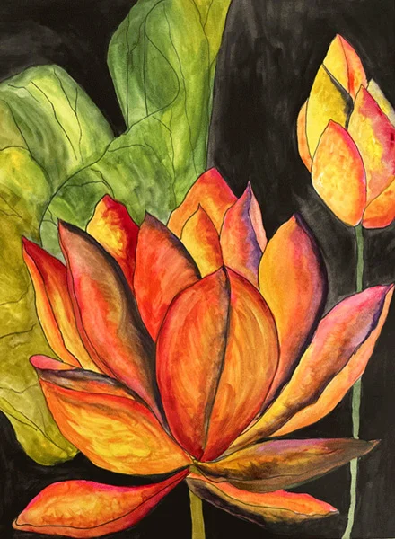 A watercolor painting with vibrant colors brings a lotus flower to life against a dark background
