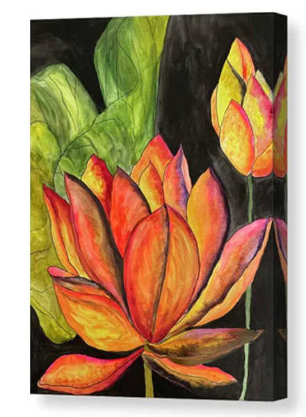 A watercolor painting canvas print with vibrant colors brings a lotus flower to life against a dark background