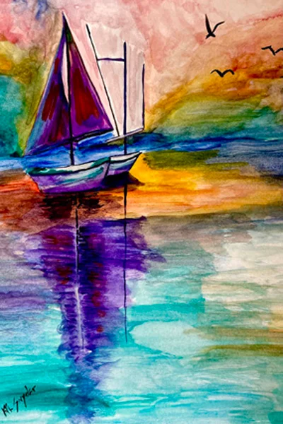 A watercolor painting of a sailboat with vivid purple and red sails is reflected in the calm water