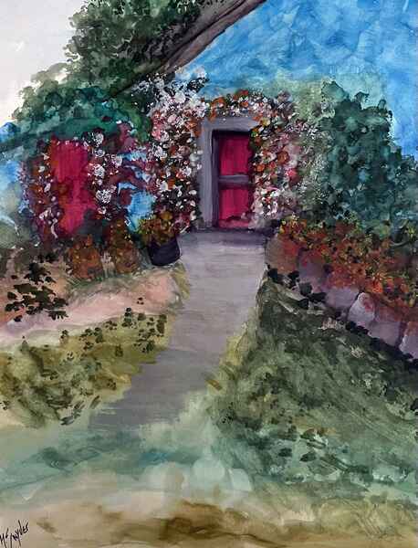 A watercolor painting pathway bordered by lush greenery and vibrant flowers leads to an English country cottage 