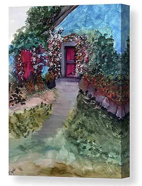 A watercolor painting canvas print pathway bordered by lush greenery and vibrant flowers leads to an English country cottage with a red door.