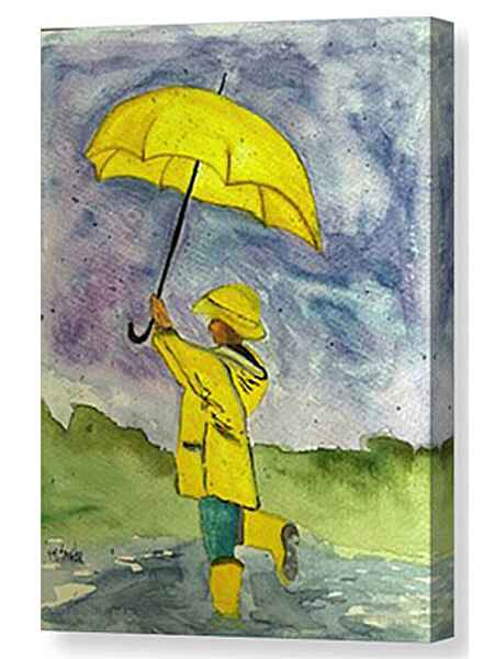 A watercolor painting canvas print of a child in a yellow raincoat and rain boots is jumping in a puddle while holding onto a yellow umbrella.