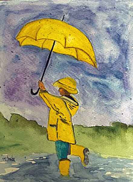 A watercolor painting of a child in a yellow raincoat and rain boots is jumping in a puddle while holding onto a yellow umbrella.