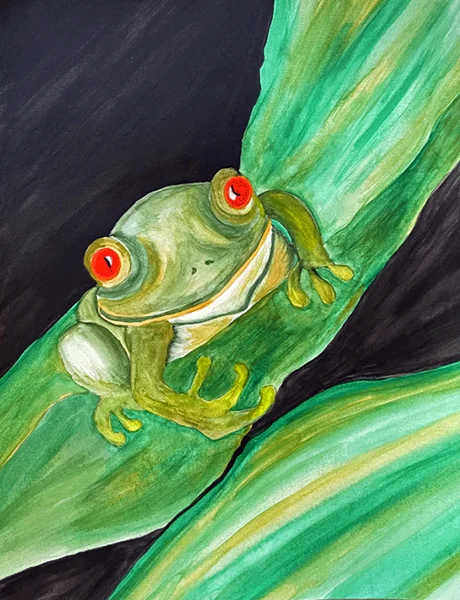A watercolor painting of a vibrant green tree frog with striking red eyes clings to a large leaf