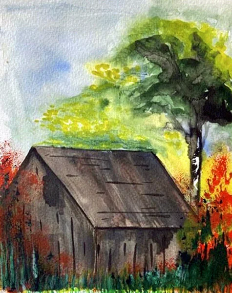A watercolor painting of a rustic wooden brown barn is nestled among vibrant greenery