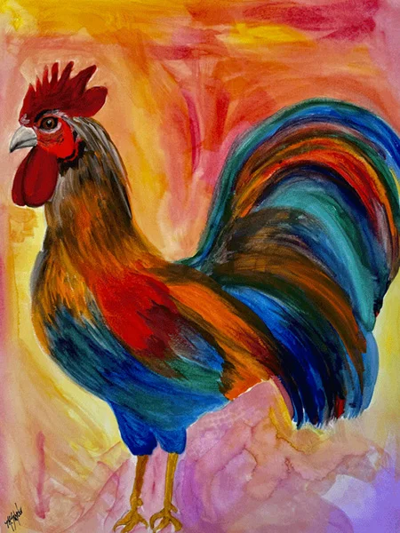 A watercolor painting of a vibrant depiction of a rooster is presented with a rich palette of colors against an abstract background.