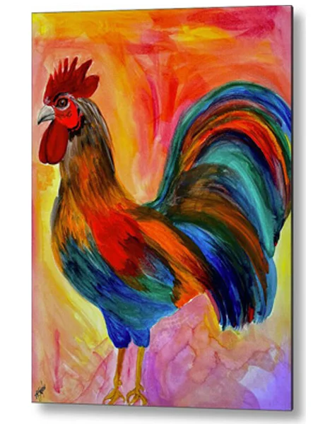 A watercolor painting metal print of a vibrant depiction of a rooster is presented with a rich palette of colors against an abstract background.