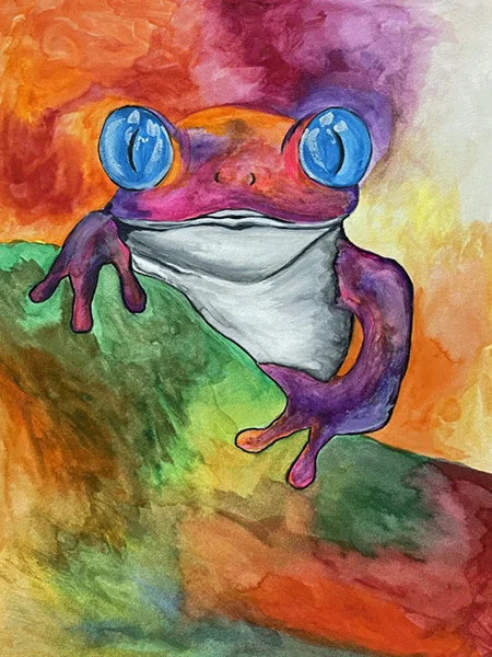 A watercolor painting of a colorful tree frog with bright blue eyes sits on a vibrant, green surface