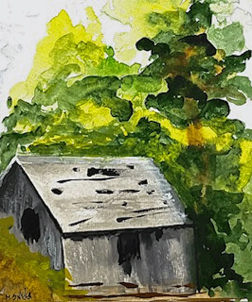 A watercolor painting of a rustic weathered shed is surrounded by lush green foliage and bathed in sunlight.