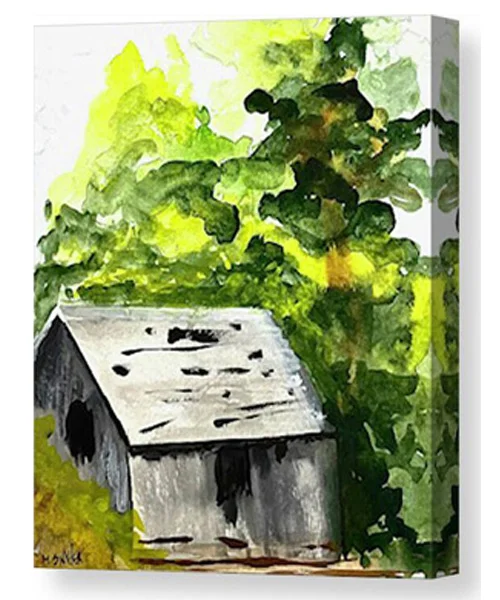 A watercolor painting canvas print of a rustic weathered shed is surrounded by lush green foliage and bathed in sunlight.